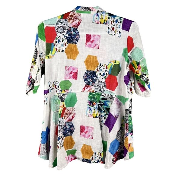 Parsley & Sage XL Bohemian Patchwork Ruffle Hi Lo Blouse Roll Tab Sleeve Artsy - Picture 10 of 16